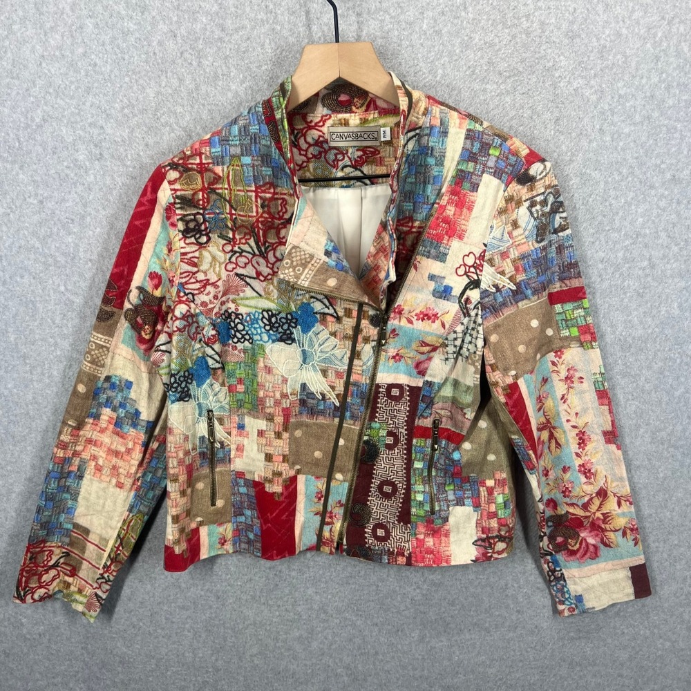 Canvasbacks Moto Jacket Women P/M Multicolor Patchwork Tapestry Beaded EUC